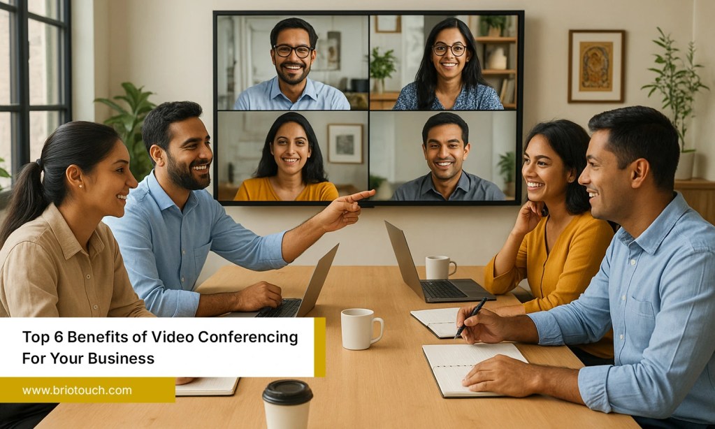 Team collaborating online, showing the top benefit of video conferencing for business efficiency