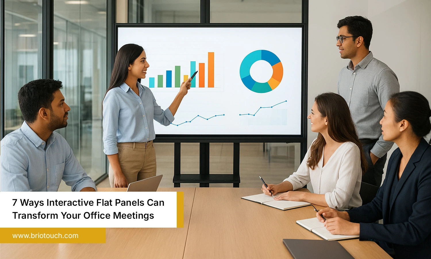 Office team using an Interactive Flat Panel in a modern meeting room for collaboration, presentations, and video conferencing