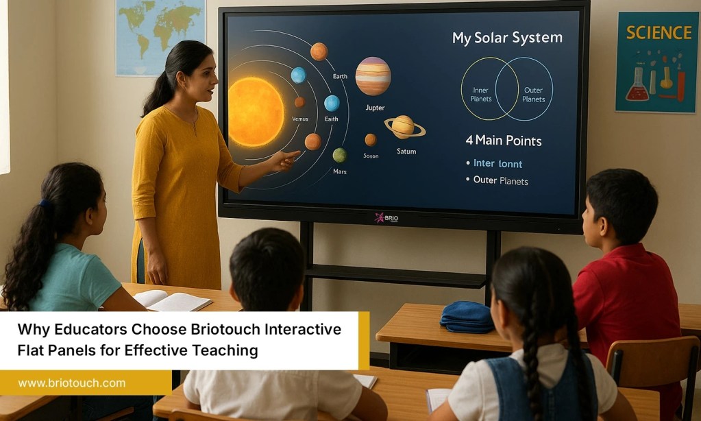 Teacher using Briotouch Interactive Flat Panel to teach students in a bright, modern classroom setting.