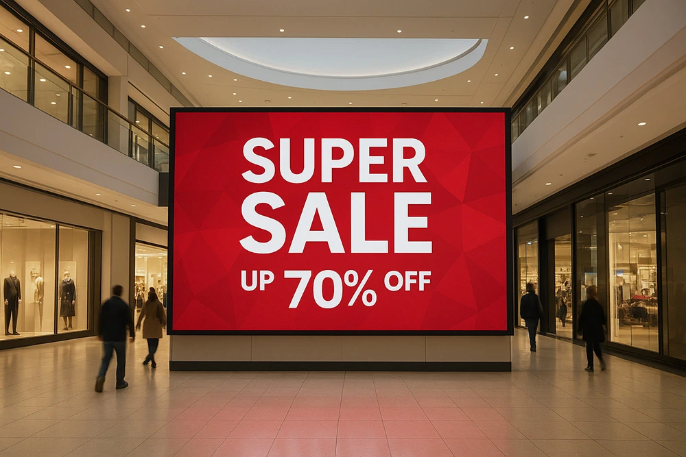 Large active LED wall in a shopping mall showcasing a sale promotion