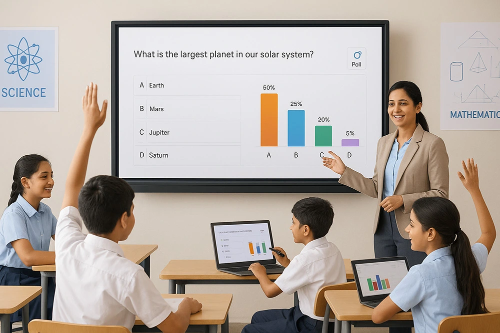 Interactive flat panel displaying real-time quizzes, polls, and insights in a classroom