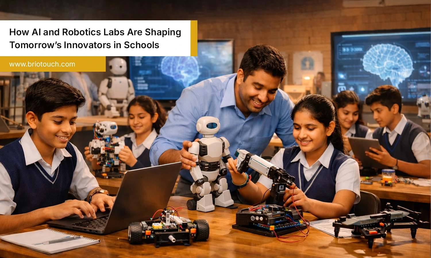 Teacher explaining students in AI and robotics lab in school