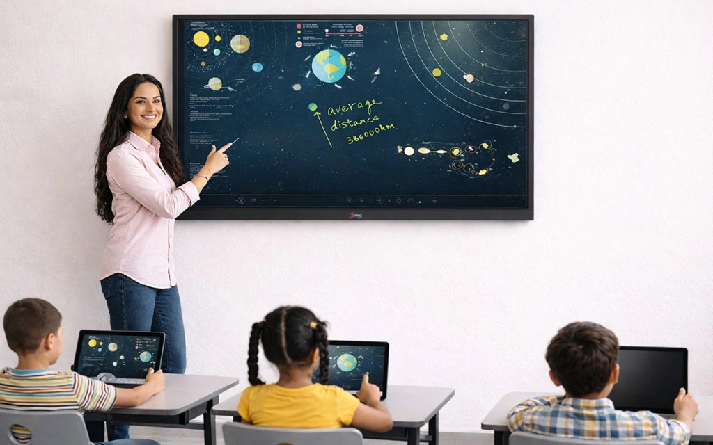 Students learning on a smart board for classroom with two way interactivity