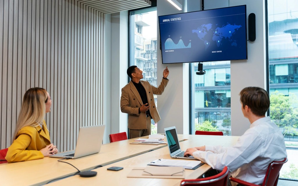 Business team meeting with a space-efficient interactive whiteboard for conference room