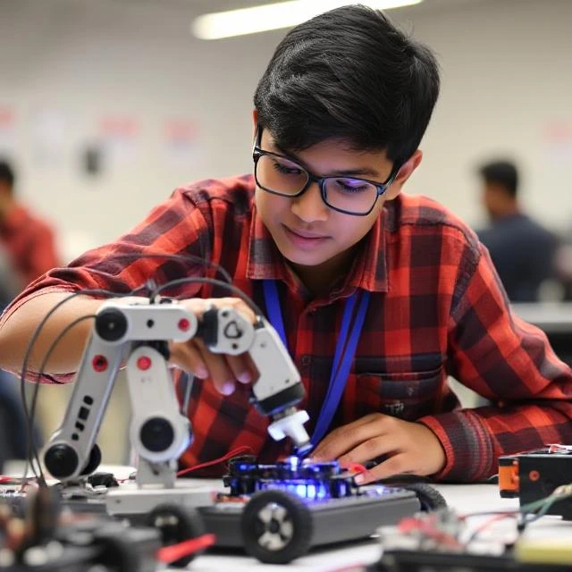 Student Experimenting with Robotics in STEM Lab