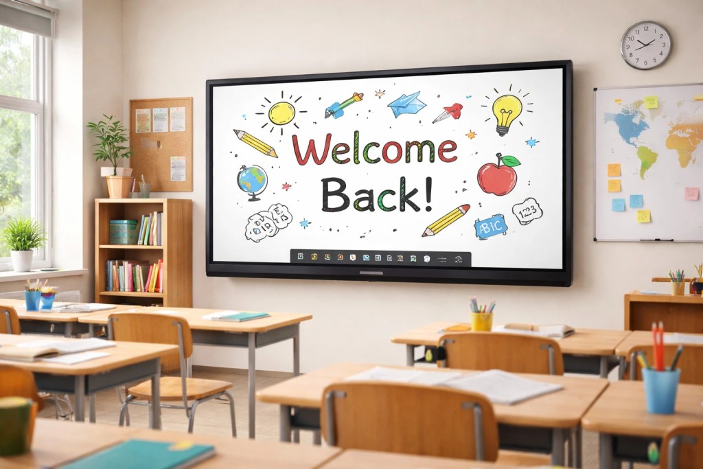Spacious classroom in Delhi with desks and an interactive panel by a top manufacturer showing “Welcome Back!”.