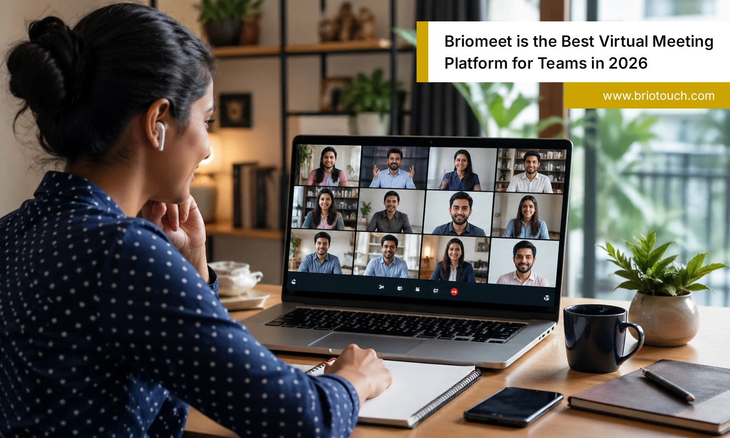 Indian professional using briomeet virtual meeting platform on laptop in modern workspace