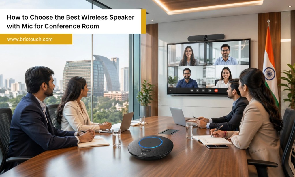 Wireless speaker with mic for conference room used by Indian team in modern business video meeting