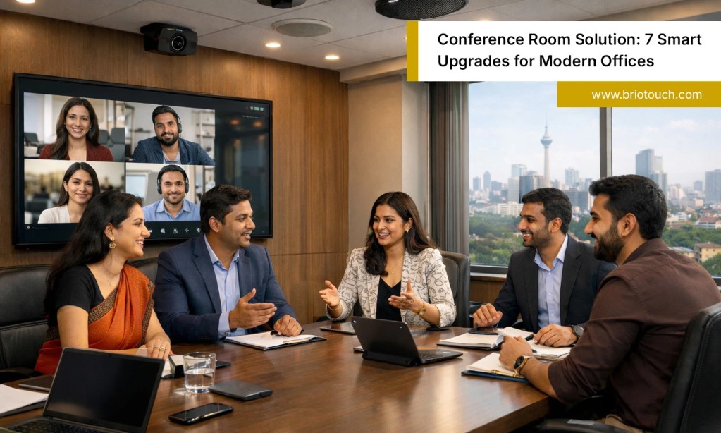 Business team using briotouch conference room solution for video conferencing in modern office meeting space