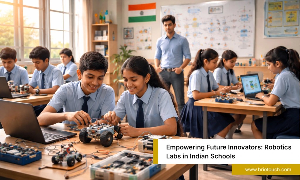 Students learning in a robotics lab for schools in India, building robots with kits and laptops in a modern classroom setting