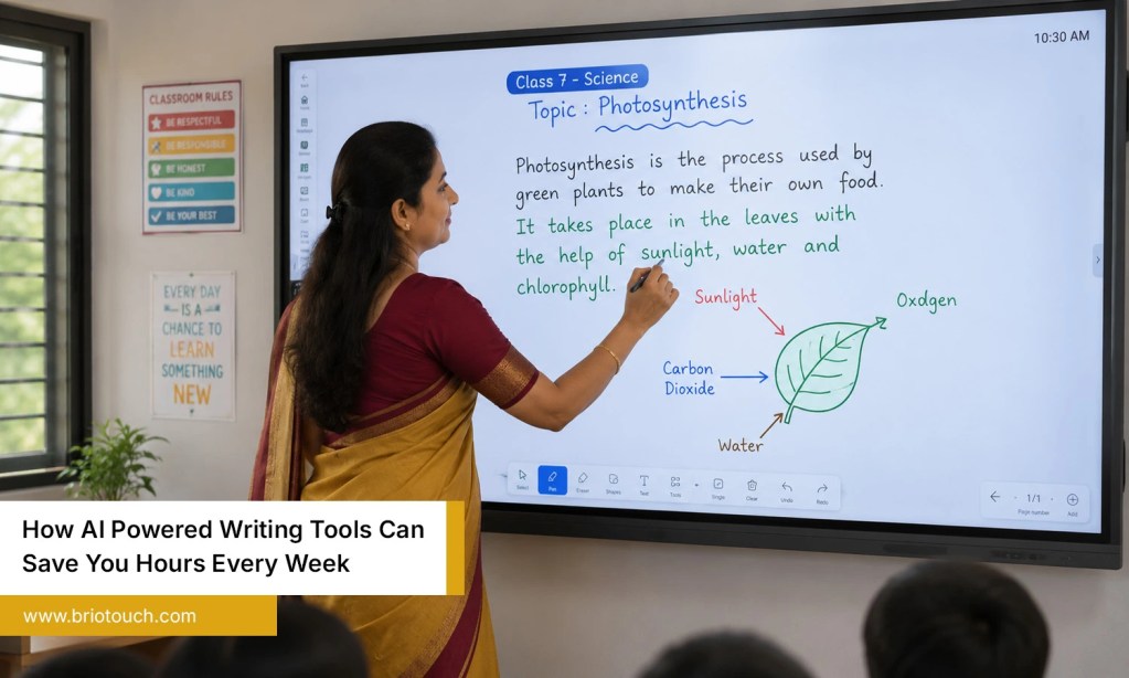 Indian teacher using ai powered writing tool on interactive flat panel in classroom setting