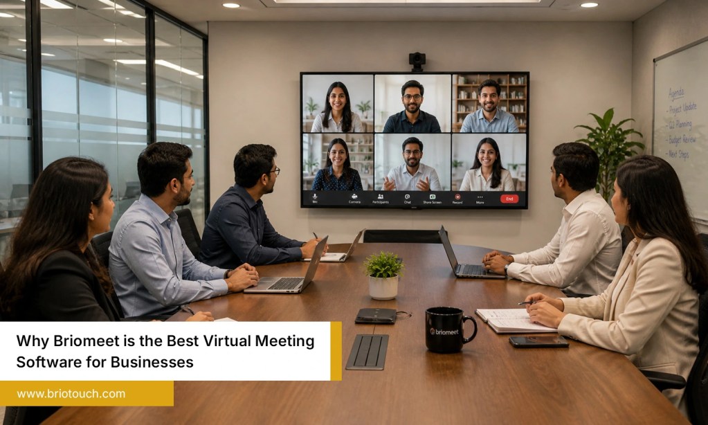 Indian team using virtual meeting software in modern conference room
