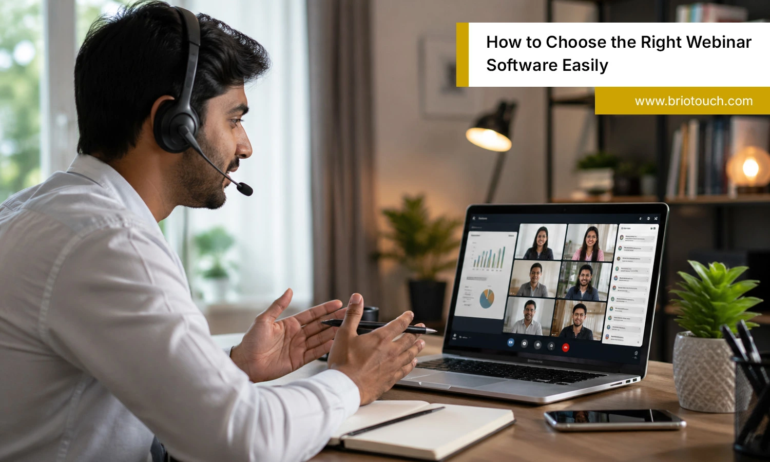An Indian professional hosting a webinar software session on a laptop with an audience grid in modern offices.