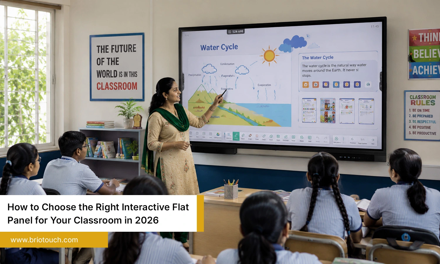 Indian teacher using interactive flat panel for classroom teaching with students learning actively
