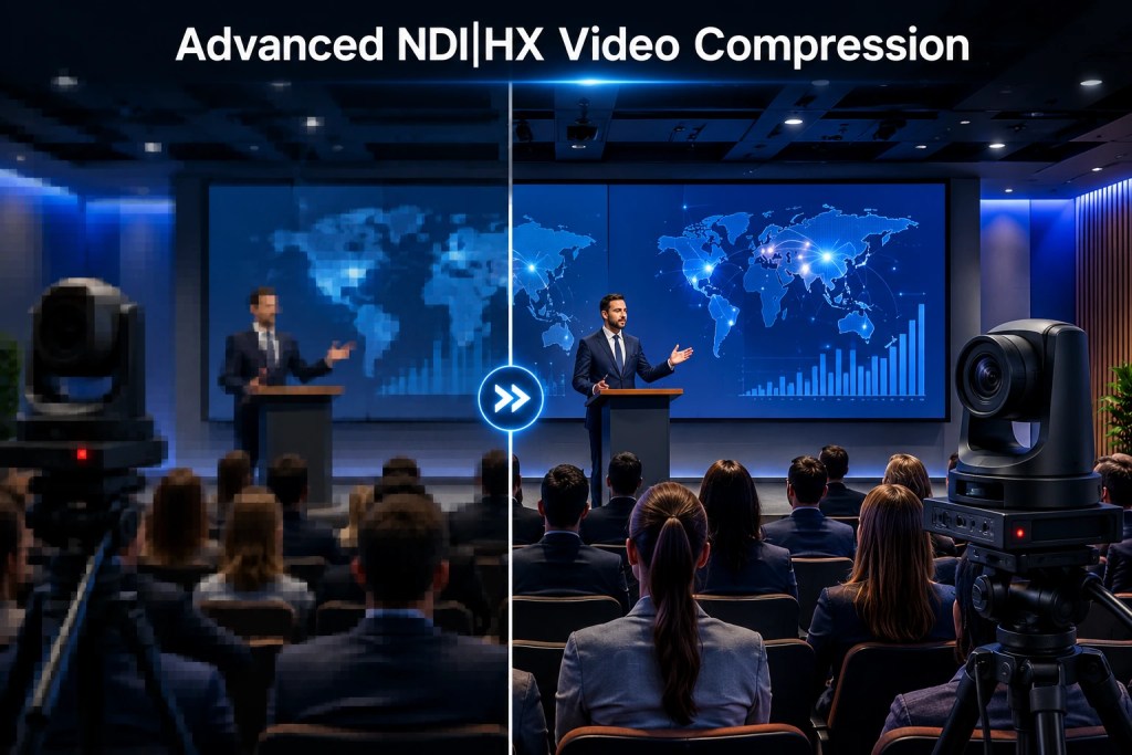 NDI HX video compression comparison showing high-quality live streaming for conference presentations.