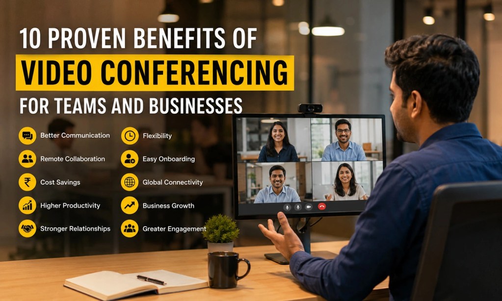 Indian professionals collaborating in a virtual meeting showcasing video conferencing benefits for business growth
