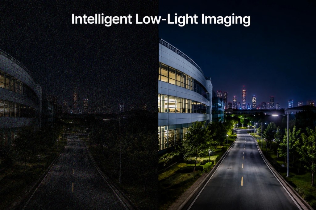 AI-powered low-light imaging comparison showing enhanced night view of office building and road scene.