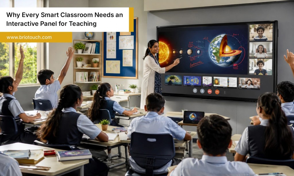 Indian students learning through an interactive panel for teaching in a modern smart classroom