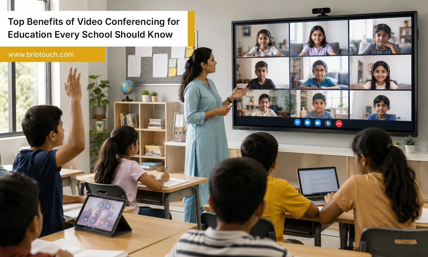 Indian classroom using video conferencing for education with hybrid learning and student engagement.