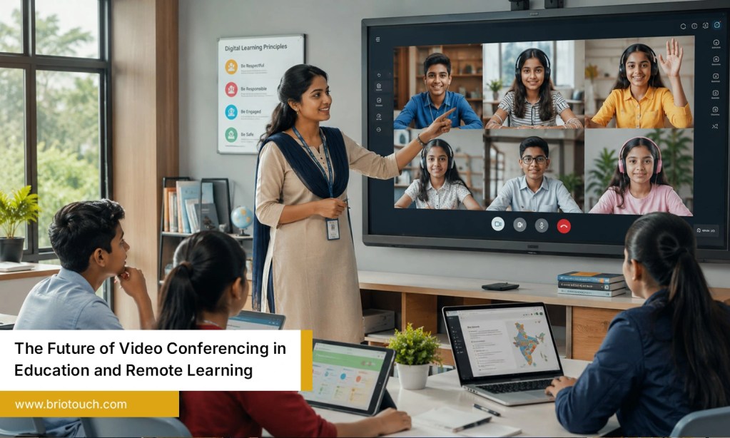 Indian teacher conducting an online class through video conferencing in education, connecting classroom and remote students in a modern hybrid learning environment.
