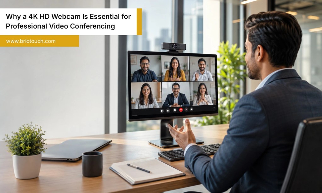 Professional using a 4K HD webcam for high-quality video conferencing during an online business meeting.