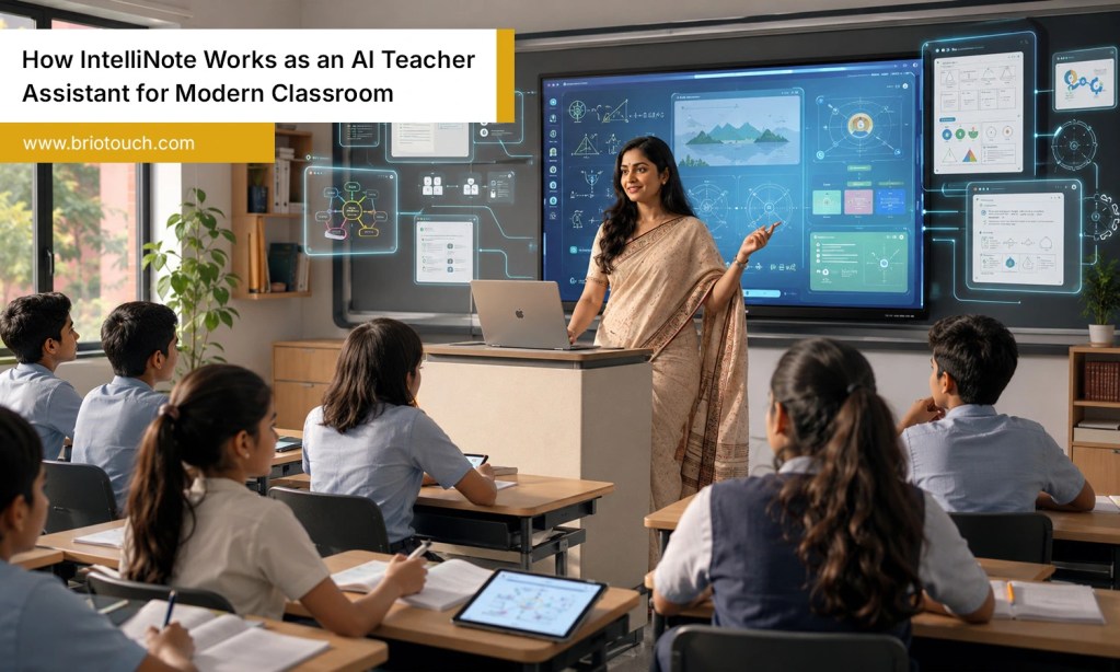 AI teacher assistant helping an Indian teacher create smart lessons in a modern digital classroom